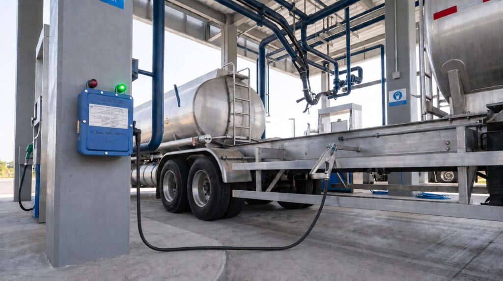 Fuel truck at a fueling station with hoses connected to a trailer tank, ready for pumping.