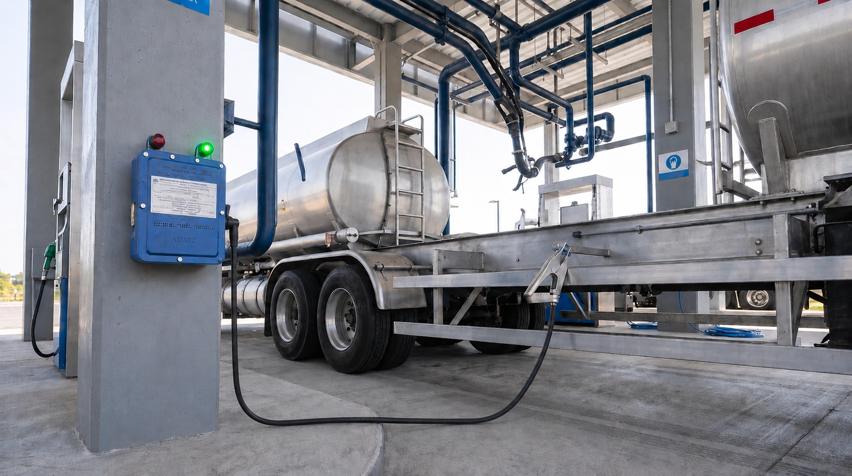 Fuel truck at a fueling station with hoses connected to a trailer tank, ready for pumping.