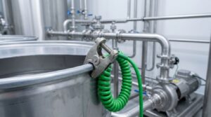 Grounding clamp and green coiled bonding cable attached to a stainless steel process tank