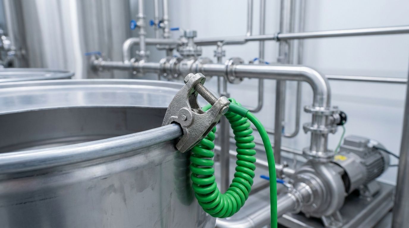 Grounding clamp and green coiled bonding cable attached to a stainless steel process tank