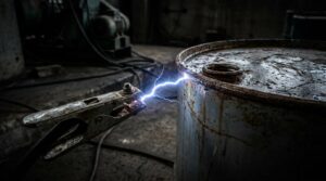 Figure 1: A static discharge arcing to a steel drum, the spark a static ignition depends on.