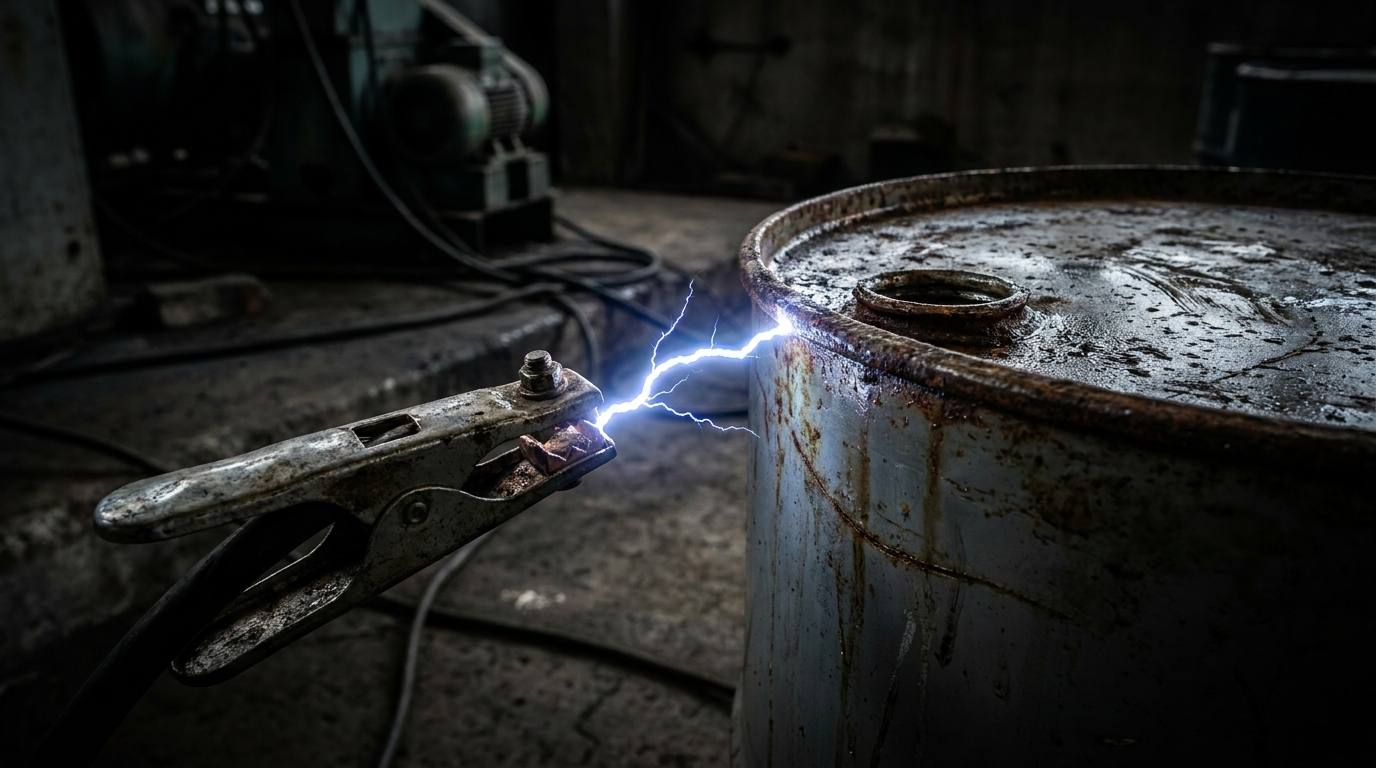 Figure 1: A static discharge arcing to a steel drum, the spark a static ignition depends on.