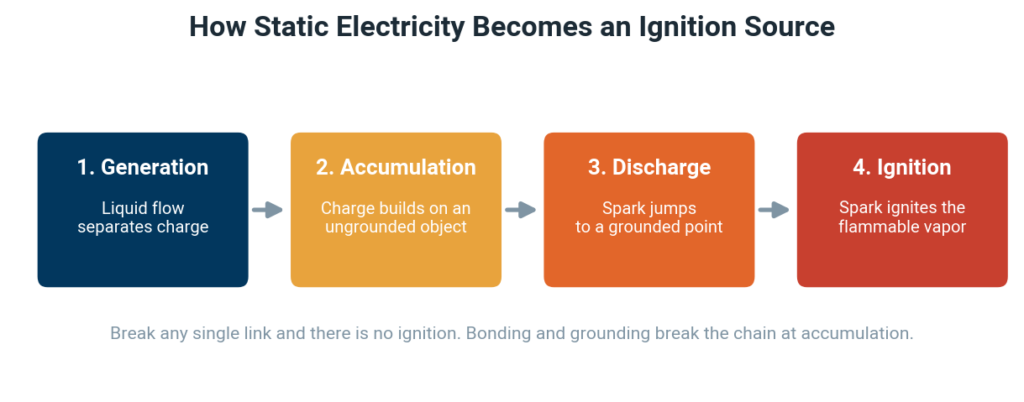 Four-step chain from static generation to accumulation, discharge, and ignition of flammable vapor