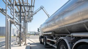 Tank truck bonded to a loading rack with a grounding cable before product transfer
