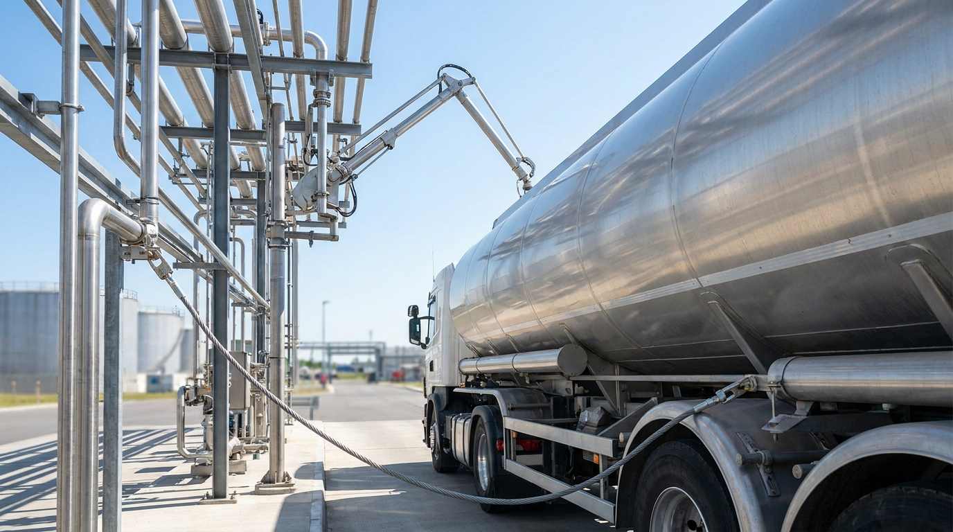 Tank truck bonded to a loading rack with a grounding cable before product transfer
