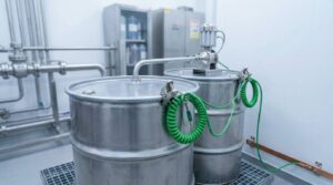 Two steel drums bonded with green coiled cables and grounding clamps during a transfer, with a cable running to a copper grounding busbar