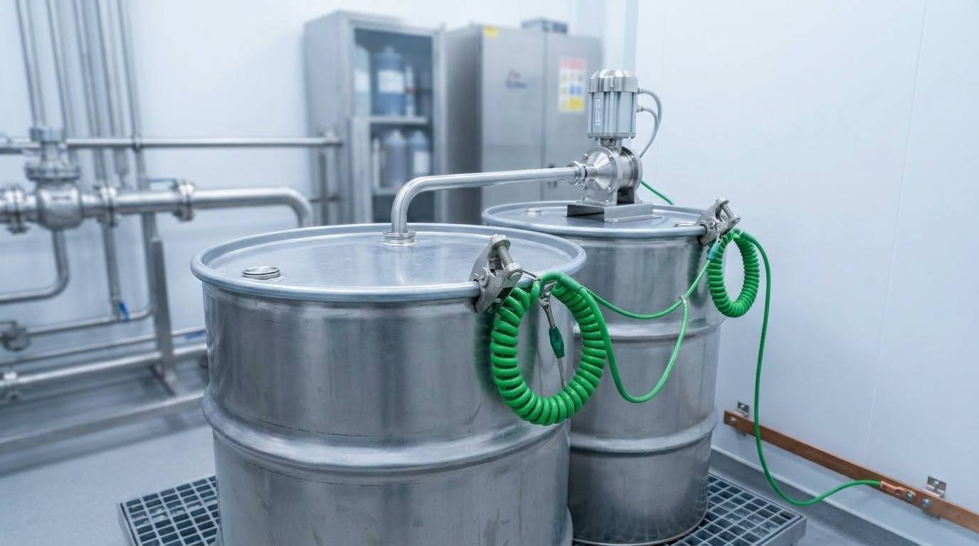 Two steel drums bonded with green coiled cables and grounding clamps during a transfer, with a cable running to a copper grounding busbar